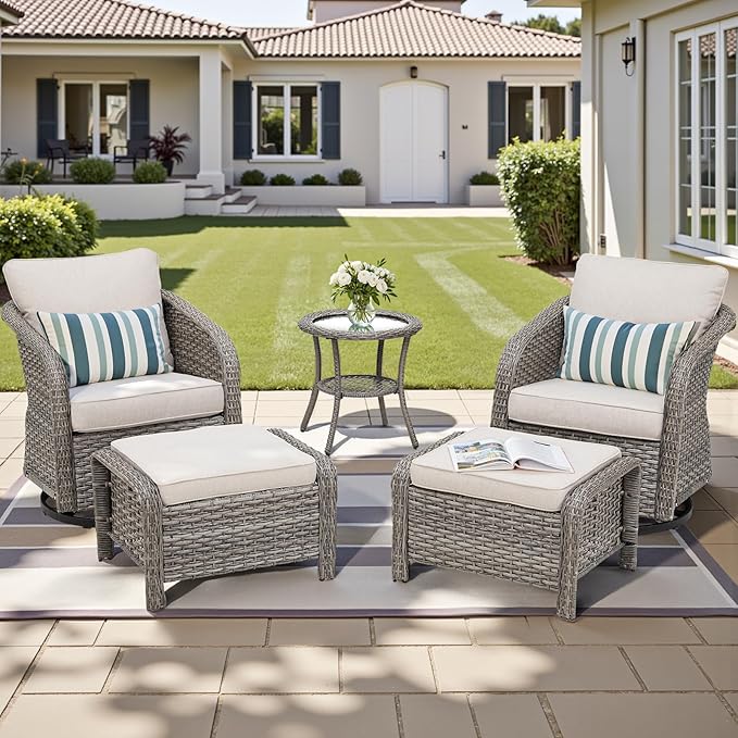 Belord 5 Pieces Patio Furniture Set - High Back Outdoor Swivel Rocker Chairs with Thick Cushions 2 Ottoman and Side Table, Wicker Patio Conversation Sets for Porch Deck Garden Backyard Grey/Beige