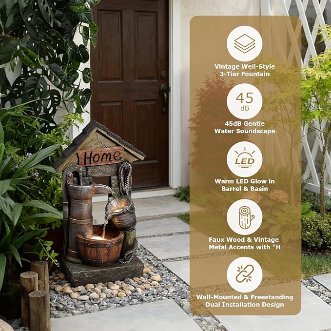 28.7" inch Outdoor 3-Tier Barrel Pump Water Fountain Cascading Fountain Outside for Garden, Patio, Yard, Porch & Home Décor/Two Placement Options