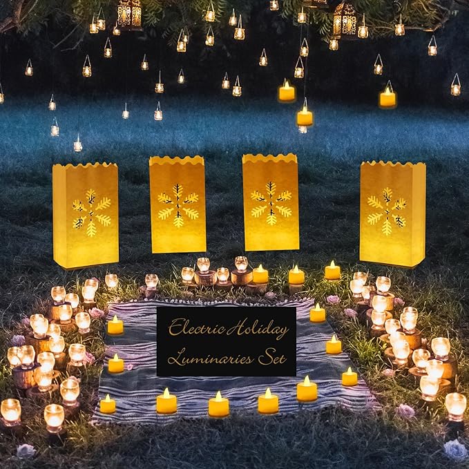 Sabary 50 Sets Luminary Bags with Flameless Tea Lights Outdoor Luminaries LED Lantern Candle Bags for Wedding Birthday Ramadan Christmas Party Decorations Romantic Decor(Snowflake)