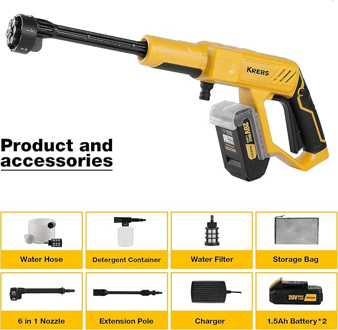 20V Cordless Pressure Washer Max 560 PSI High Pressure Power Washer Portable Handheld Cleaner with 2pcs Rechargeable 1.5Ah Battery, 6 in 1 Nozzles for Car Bike Garden Patio Fence & Home Cleaning