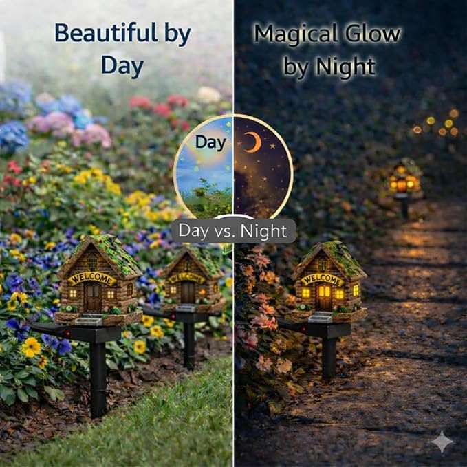 Solar Garden Lights Outdoor, 2 Pack Decorative Solar Fairy House Pathway Lights Waterproof, Resin Garden Lights for Yard Lawn Patio Decor