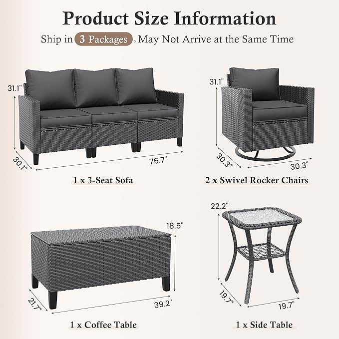 Amopatio Patio Furniture Set, 5-Piece Wicker Outdoor Sectional Sofa with Swivel Rocker Chairs, Rattan Conversation Set with Storage Coffee Table and Waterproof Cover for Backyard Black/Dark Grey