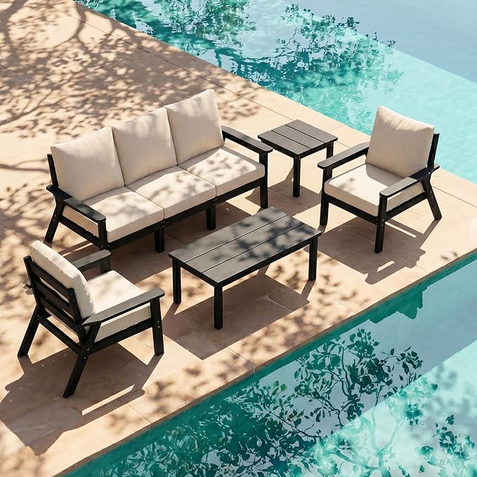 PLUUV 7-Piece Outdoor Patio Furniture Set, HDPE All-Weather Sectional Sofa Set with Thick Cushions, Modular Conversation Set for Deck, Lawn, Porch, Black Frame with Khaki Cushion