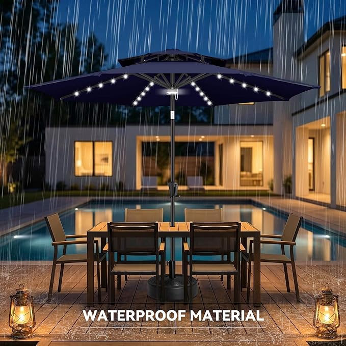 9ft Solar Umbrella Outdoor - 2 Tiers Lighted Solar Patio Umbrella with 40 LED Lights Waterproof UV Protection, Table Umbrella with Tilt for Pool, Porch, Garden, Backyard (Navy Blue)