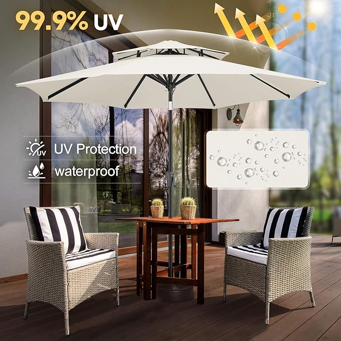 FLAME&SHADE 9ft Patio Umbrella - 2 Tiers Outdoor Umbrella with Push Button Tilt and Crank for UV Protection, Table Market Umbrella for Garden, Deck, Backyard, Pool and Beach(Ivory)