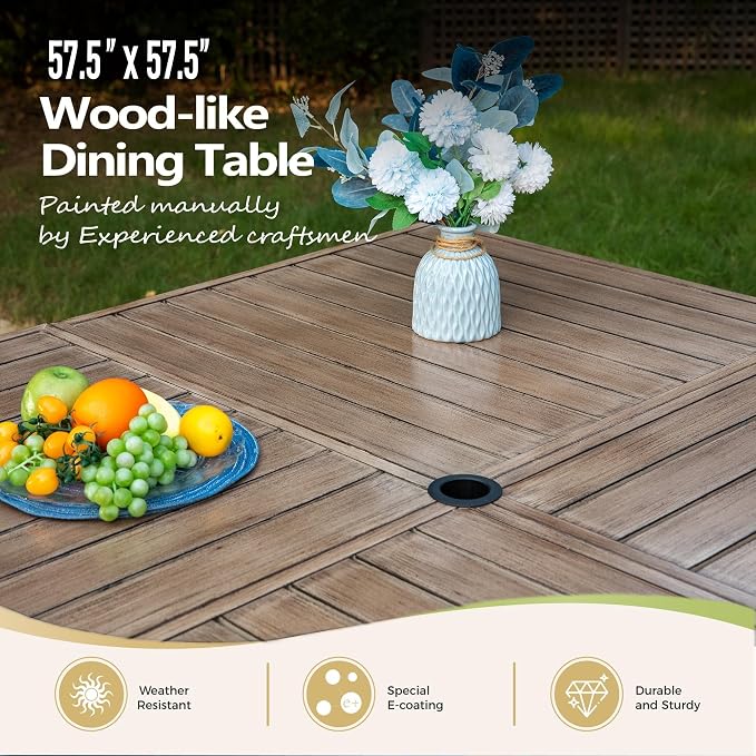 MIXPATIO 9 Pcs Outdoor Dining Set, 8 Rattan Fixed Chairs with Soft Cushion and 57.5" Square Table with Umbrella Hole, Patio Table and Chairs for Backyard Porch