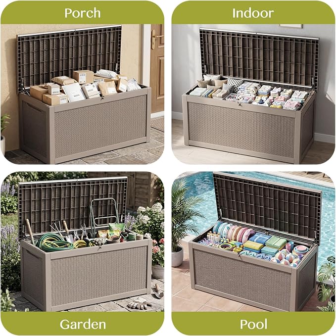 Waterproof Outdoor Storage Box Outside Deck Box Lockable Resin Bench UV Resistant Furniture Cushion Pool Tool Float Bin Patio Garden Porch (Grey, 320 Gallon)