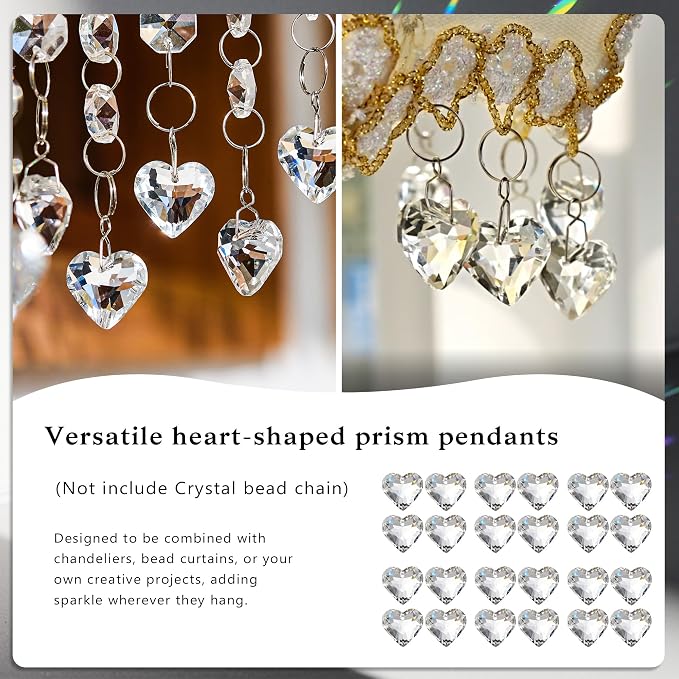24pcs Small Crystal Heart Prisms Suncatchers 20mm Clear Glass Beads | Rainbow Maker Sun Catchers Chandelier Crystals Drop Parts Glass Christmas Wedding Valentine's Day Decorations Gift