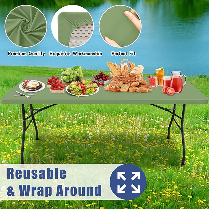 Moosfor Spandex 5 Foot Rectangle Table Cloth 2 Pack, Elastic Fitted Tablecloths for Picnic, Stretch Washable Patio Table Cover for Outdoor, Camping, Banquet and Parties(Sage Green, 30"x60")