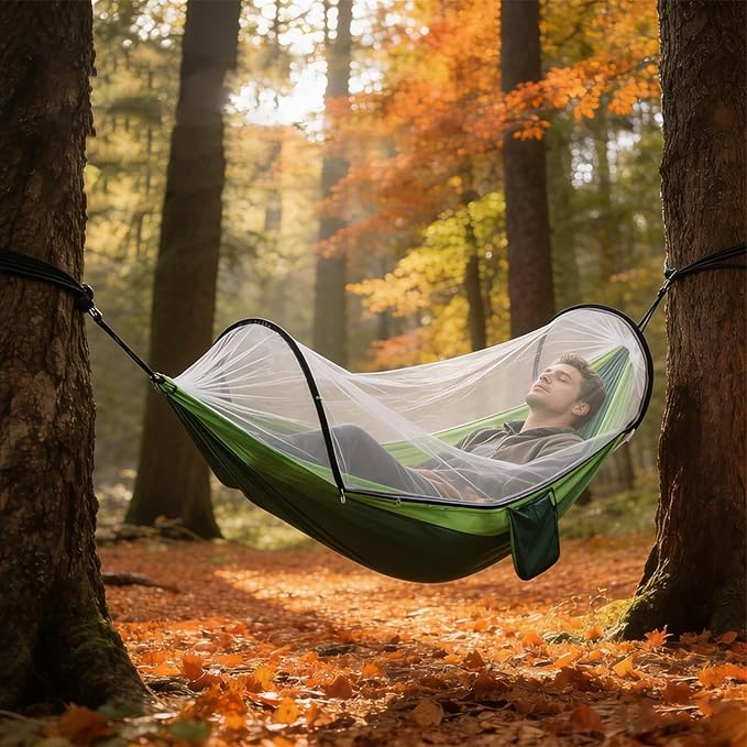 Heavy Duty Hammock with Mosquito Net–Canvas Hammock, Fade-Resistant Cotton Lounger, Roll-Free Comfort Design, Easy Setup for Backyard, Porch, Garden, Camping, Travel (Light Green)