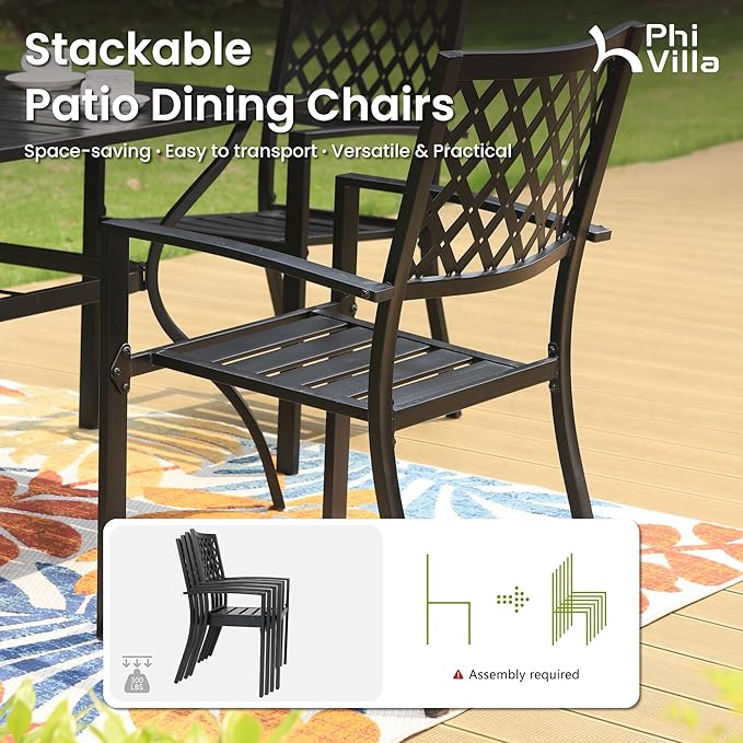 PHI VILLA 7 Piece Outdoor Dining Set for 6, 60” Rectangular Black Metal Table with Umbrella Hole & Stacking Wrought Iron Chairs, Large Outside Furniture Set for Patio, Deck, Porch, Backyard