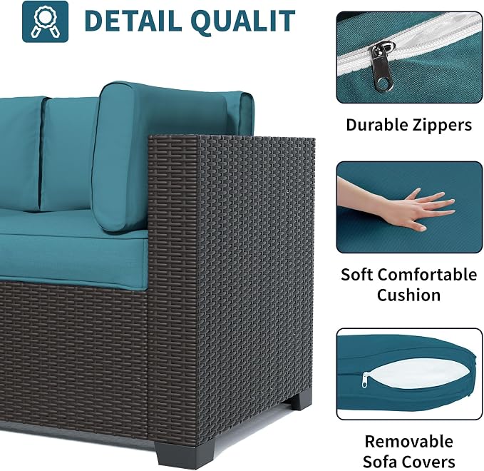 SHGJ&SOFT 7 Piece Outdoor Patio Furniture Set, All-Weather Rattan Wicker Modular Sectional Sofa Set with Water-Resistant Cushions&Tempered Glass Table for Backyard Poolside(Peacock Blue,7pcs)