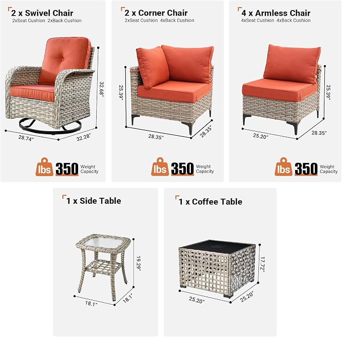10 Pieces Wicker Patio Furniture Set,Outdoor Sectional Sofa with Swivel Chairs Coffee Table,Outside Deep Seat Rattan Couch Conversation Set,Orange Red