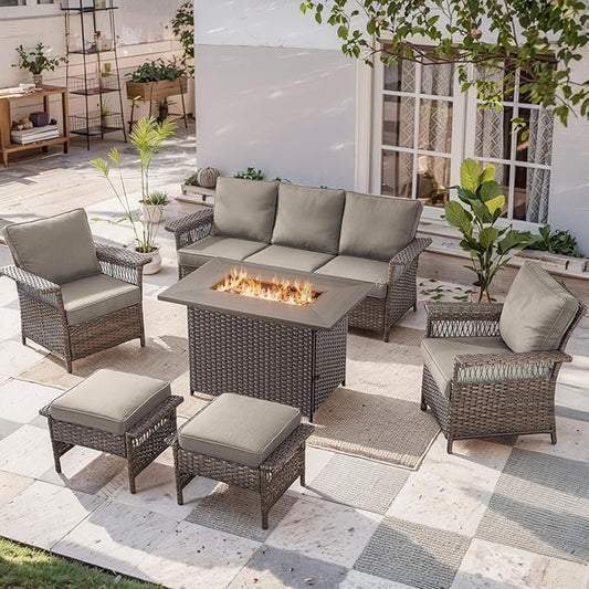 Patio Furniture Set with Fire Pit Table, 6PCS Patio Conversation Set Brown Resin Wicker Patio Chair Sofa Ottoman with 41in Rectangular Outdoor Fire Table PE Rattan Furniture Set