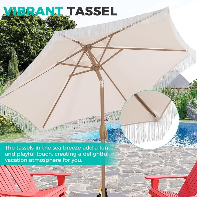 7.5ft Fringe Umbrella,Outdoor Market Umbrella with Push Button Tilt and Crack for Garden, Pool, Deck, Bistro, Beige