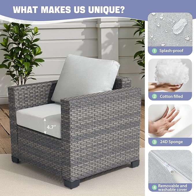 ABCASA 7-Piece Patio Furniture Set | Indoor Comfort for Outdoor Living | Weather-Resistant Wicker & Ultra-Thick Cushions | Grey Patio Conversation Set for Deck, Porch, Poolside