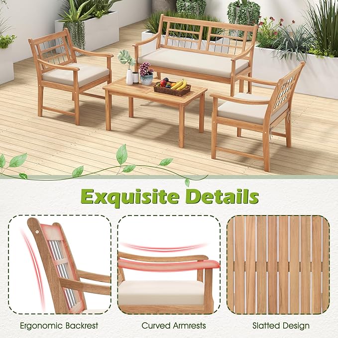 RELAX4LIFE Wood Patio Furniture Set - 4-Piece Outdoor Furniture w/Seat Cushions & Coffee Table, Loveseat Sofa Set for Balcony Porch Deck Poolside Backyard, Acacia Wood Conversation Set (Off White)