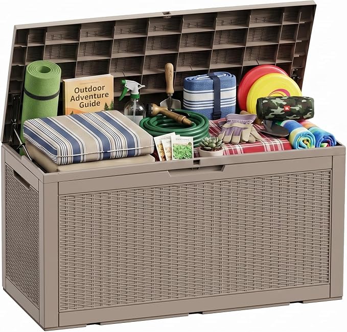 120 Gallon Waterproof Resin Outdoor Storage Box, Multifunctional Patio Deck Box, Weatherproof Outdoor Bin for Garden, Pool, Backyard & Porch Furniture Tools (Grey, 120 Gallon)