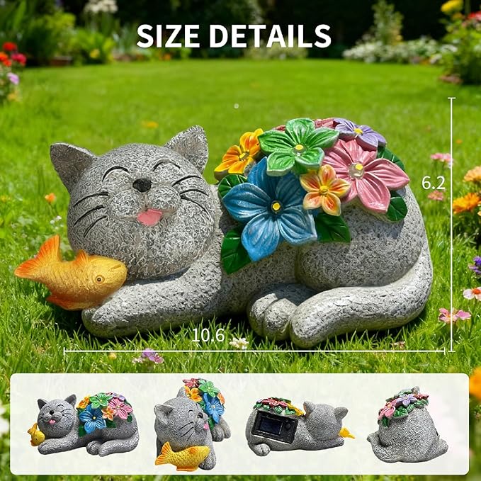 Solar Garden Outdoor Statues Cat with Succulent and 7 LED Lights -Waterproof Animal Lawn Decor Statue for Patio, Balcony, Yard Ornament for Mom Grandma Women