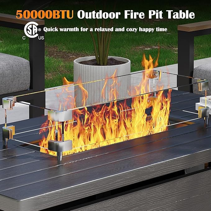 Metal Patio Furniture Set, 9 Pieces Outdoor Sectional Couch Sets with Fire Pit Table, 6" Thick Cushion Outdoor Conversation Set for Deck, Patio & Courtyard (Gray)