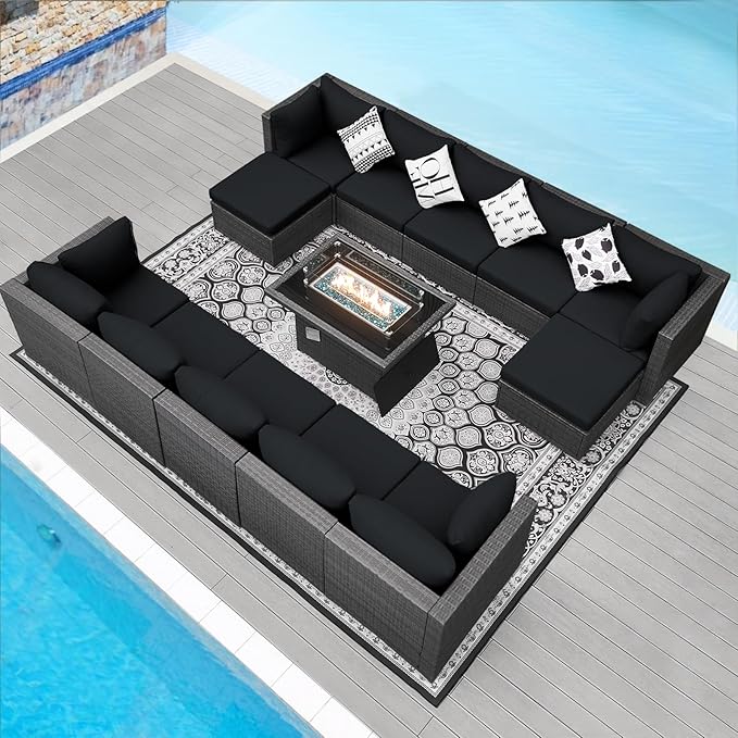 NICESOUL 13 Piece Patio Furniture w/Fireplace, Elegant Outdoor Seating w/Firepit, XL Size 29.3'' High Back Sectional Sofa, All-Weather Rattan Deck Couch, Modular Sturdy Conversation Set,Gray & Black