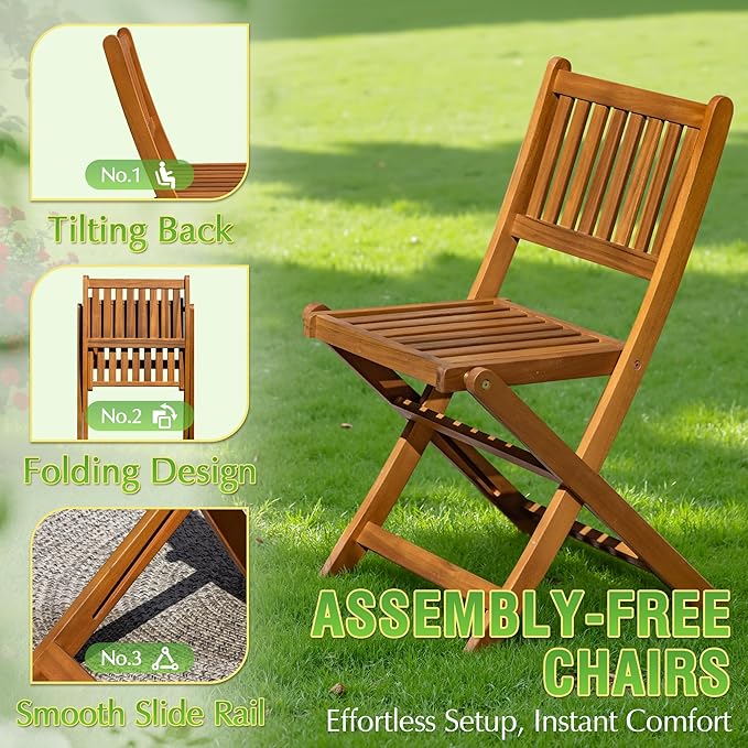 Greesum 5 Piece Patio Dining Set Outdoor Acacia Wood Furniture All-Weather Folding Round Table and Chairs for Backyard, Balcony, Porch, Deck, Garden, Light Brown