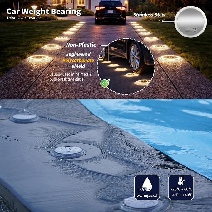 Solar Ground Lights, 48 LEDs Deck Disc, Warm White, 6Pk | Outdoor Waterproof, Flat Round Low Profile, Ultra Bright, IP67 Waterproof, Car Weight Bearing, Driveway, Dock, Path, Walkway
