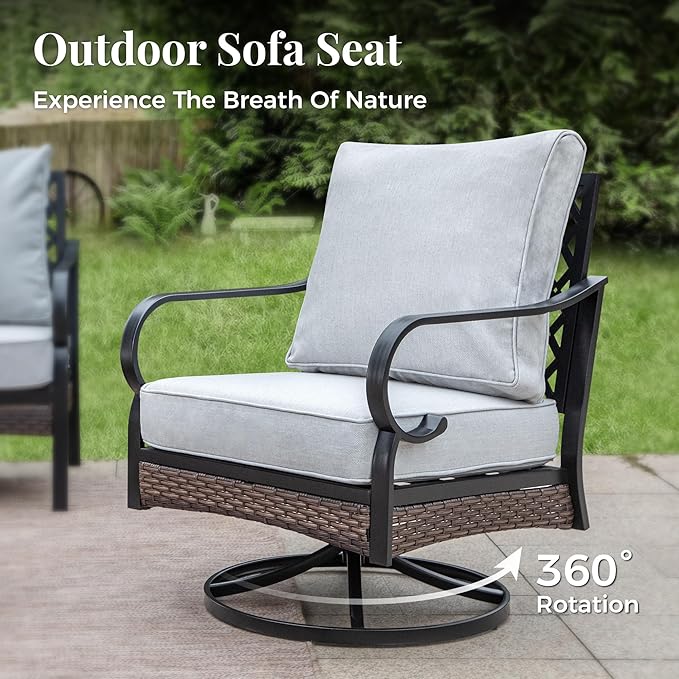 Patio Furniture Set with Fire Pit Table, Metal Outdoor Conversation Set with 5.75'' Extra Thick Cushion, 2 Swivel Chairs, Loveseat Sofa, 3-Seat Sofa and Gas Fire Pit Table, Light Grey