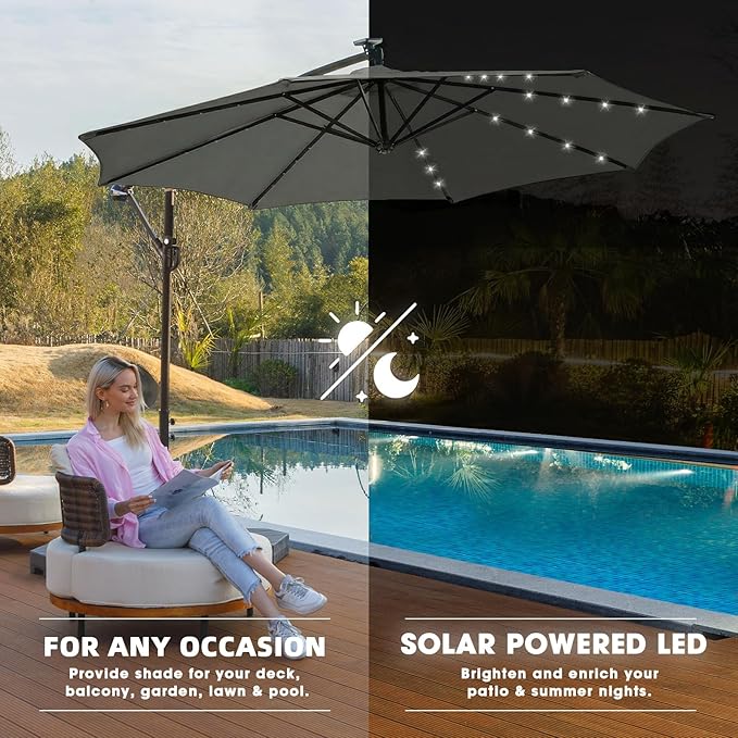 wikiwiki 10ft Solar LED Offset Patio Umbrella, Outdoor Cantilever Patio Umbrellas with Solor Lights for Backyard, Poolside and Garden, Easy Tilt Adjustment, 32 LED Lights & Polyester Shade, Dark Gray