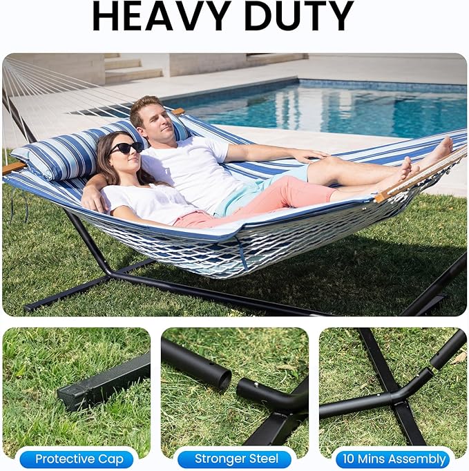 Double Hammock with Stand – Portable Cotton Rope Hammock with Removable Quilted Pad & Pillow, Adjustable Steel Frame for Patio, Backyard, Garden, Park, Camping & Outdoor Relaxation – Blue