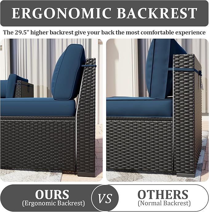 Patio Furniture Set, 7 Pieces Outdoor Sectional Sofa Set with Waterproof Cover, Black PE Wicker Rattan Slanted Back Outdoor Conversation Set with Cushions and Glass Coffee Table, Navy Blue