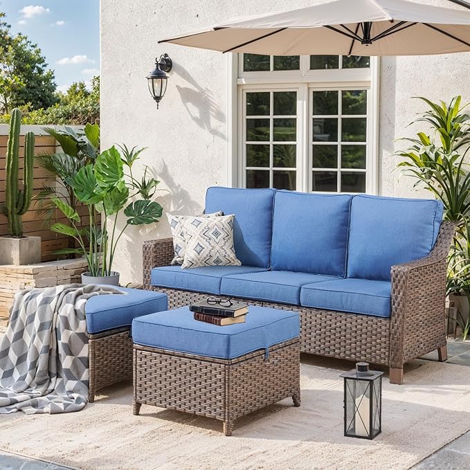 3 Pieces Patio Conversation Sets-All-Weather Wicker Sectional Couch with Ottomans for Deck Balcony Poolside Backyard-Brown/Blue