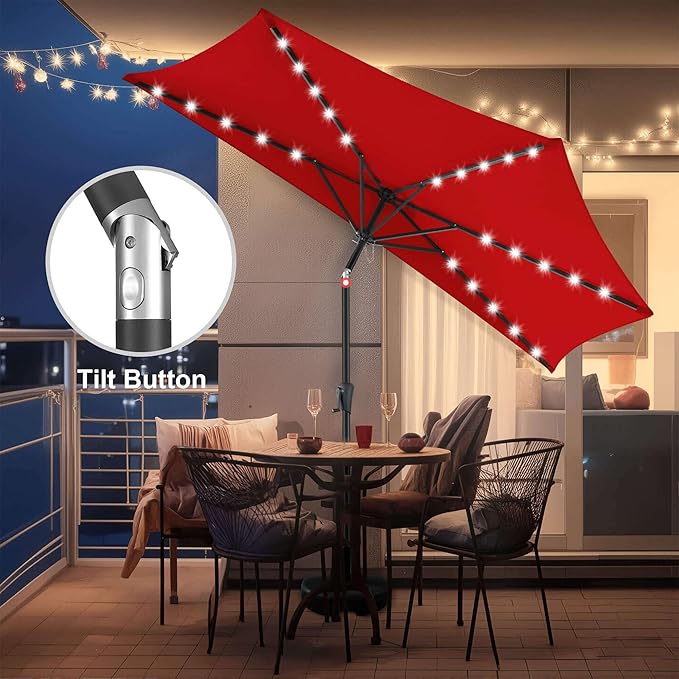 9ft Solar Half Umbrellas Outdoor - LED Half Patio Umbrella with 25 Lights, UV Protection Waterproof, Half Round Umbrella for Wall Balcony, Pool, Porch, Garden, Deck, Backyard, Red