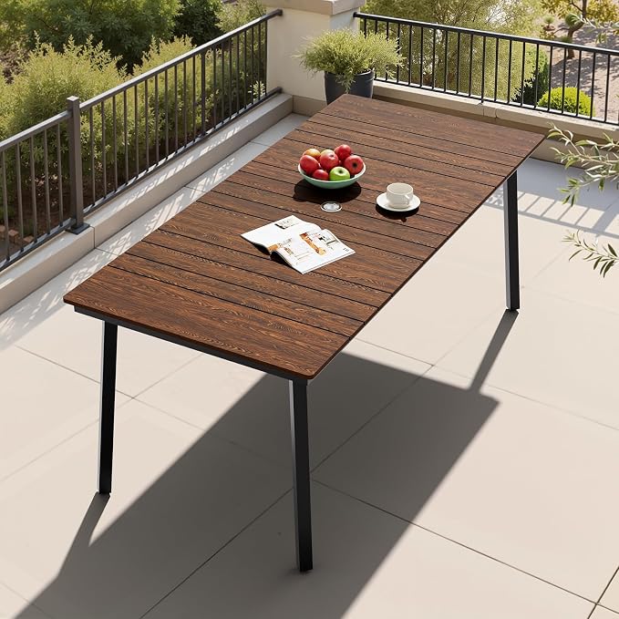 Crestlive Products Outdoor Dining Table for 6, 70' Rectangular Patio Table with Metal Frame 1.6" Umbrella Hole for Backyard Balcony Garden, Walnut