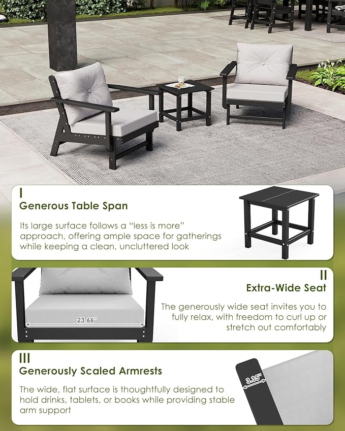GREENVINES 3-Piece-Patio-Furniture-Set | HDPE Plastic | Outdoor Sectional Conversation Sets | All-Weather Couch | Sofa with Side Table | Detachable Armrests | for Deck Lawn | Black