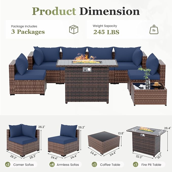 Amopatio 8 Pieces Patio Furniture Set with Fire Pit Table, All-Weather Outdoor Sectional, Wicker Conversation Sofa for Garden, Backyard, Porch, Balcony(Navy Blue)