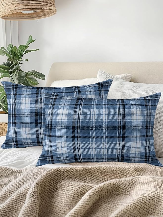 Waterproof Outdoor Pillow Set of 2 Blue Checked Plaid Decorative Throw Pillows Cover & Insert 20x12 Inch Lumbar Pillowcase Stripes Woven Grid Pillows for Couch Sofa Bed Patio Furniture Indoor Outdoor