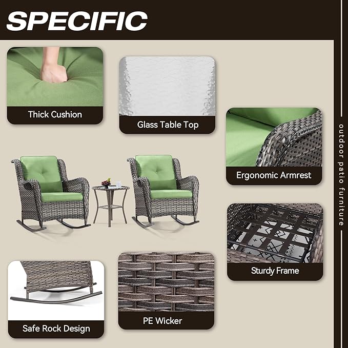 Outdoor Wicker Patio Rocking Chair - All-Weather Lawn Rocking Wicker Furniture with Alloy Steel Frame & Premium Fabric Cushion, Green