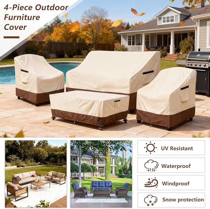 Outdoor Furniture Covers Set,4-Piece 600D Heavy Duty Waterproof Patio Furniture Cover for Outdoor Swivel Rocker Chairs,Loveseat and Coffee Table,Beige & Brown