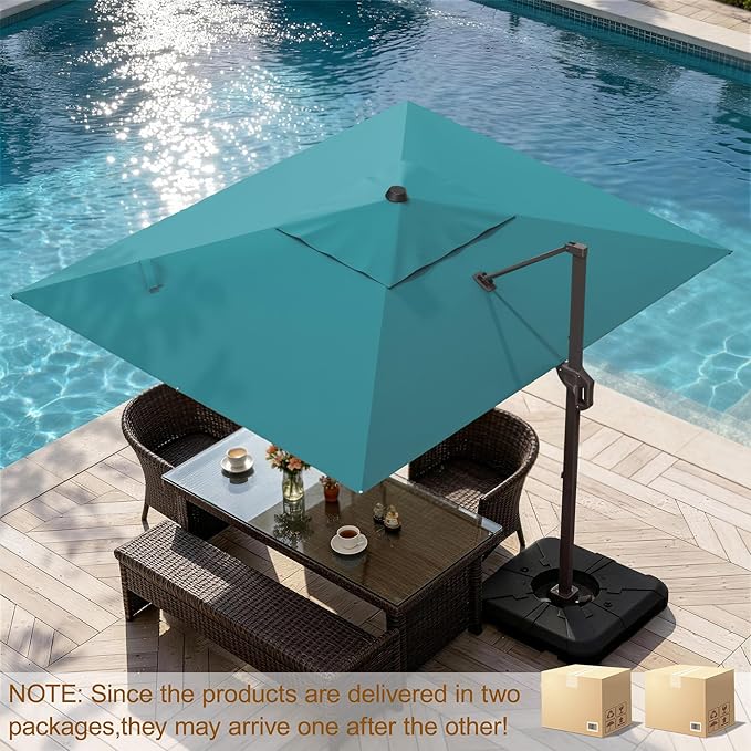 9' X 12' Cantilever Patio Umbrella Rectangle Outdoor Umbrella with Base Included, 6-Level Tilt & 360° Rotation Offset Umbrella for Garden, Deck, Pool (Turquoise)