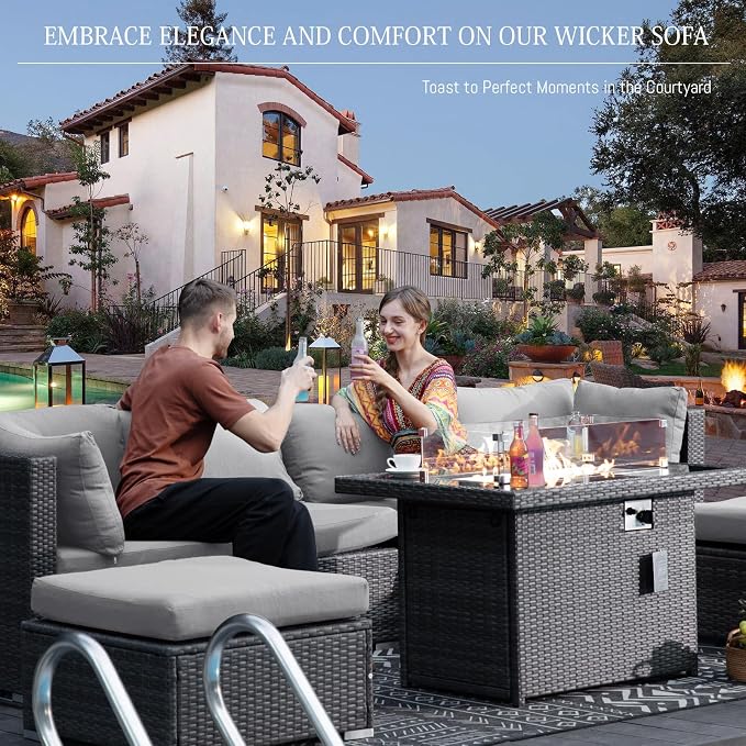 BULEXYARD 9 Piece High Back Outdoor Sectional Seating with Fire Pit Table, Heavy Duty Sturdy Wicker Patio Set Conversation Couch Sofa, Extra Wide Deep Large 8-Person Deck Furniture Set, Light Grey