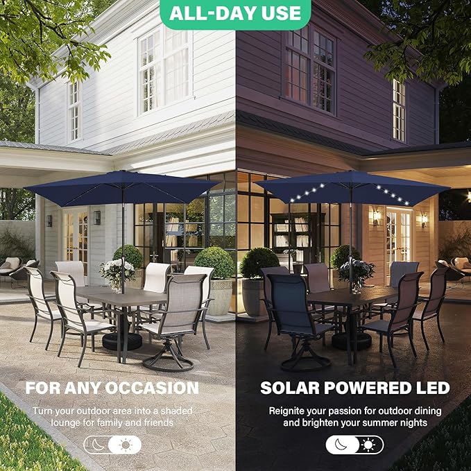 JEAREY 6.5x10 ft Rectangular LED Lighted Patio Umbrellas Outdoor Solar Table Market Umbrella w/Push Button Tilt/Crank, 6 Sturdy Ribs, UV Protection Waterproof Sunproof(Dark Blue)