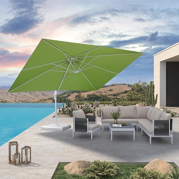 PURPLE LEAF 10' × 13' Patio Umbrella White Cantilever Umbrella Aluminum Square Outdoor Offset Umbrella Hanging Windproof with 360° Rotation for Garden Deck Pool, Green