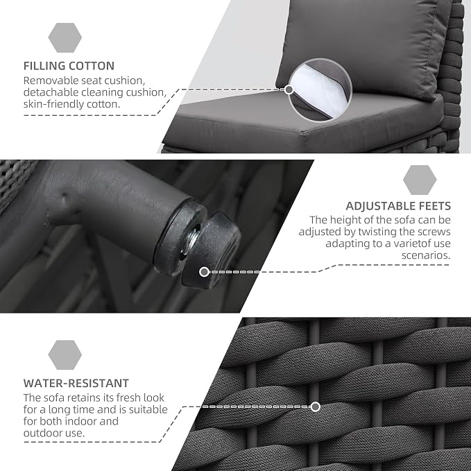 TWT ﻿Dark Gray Left Arm Outdoor Patio Sofa, Modular Woven Rope Sectional Chair with Water-Resistant Cushion & Rust-Proof Frame, for Backyard Balcony Deck