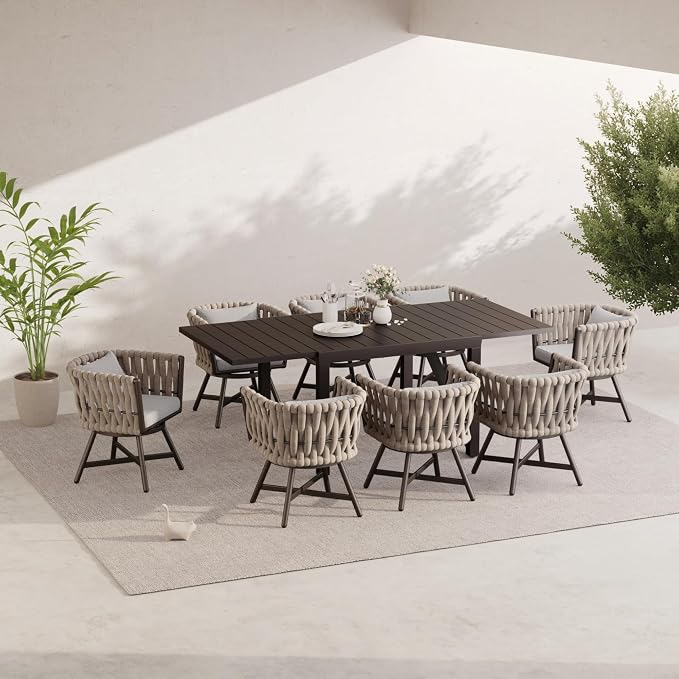 9-Piece Outdoor Dining Set with 360 Swivel Rope Wicker Chairs Expandable Rectangular Patio Furniture Sets for Backyard Porch Balcony Poolside Garden