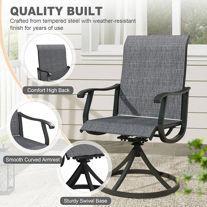 VICLLAX Patio 5 Pieces Outdoor Dining Set, 40.6" Round Metal Table with Umbrella Hole and Storage Shelf, 4 Swivel Textilene Chairs for Lawn, Garden, Porch, Black/Dark Grey
