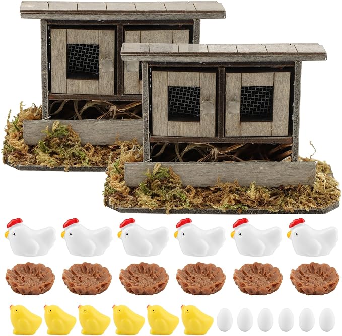 Fairy Garden Mini Chicken Coop Decor, 26-Piece Farm Scene Set | Includes 1 wood coop 3 hens 3 chicks 3 eggs 3 nests, doors open and close, store pieces together to avoid loss