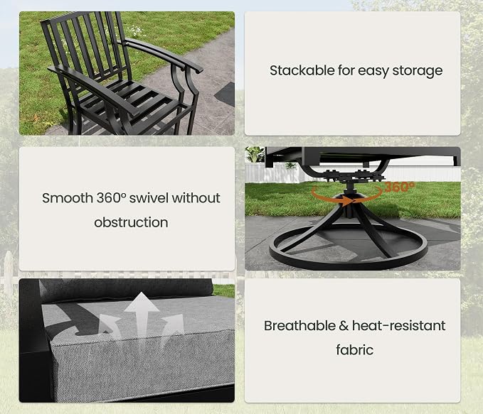 7 Pieces Outdoor Patio Dining Set,Patio Table and Chairs Metal Outdoor Patio Furniture Set with Umbrella Hole,Dining Table Set with 6 Swivel Chairs for Deck,Backyard and Garden,Grey