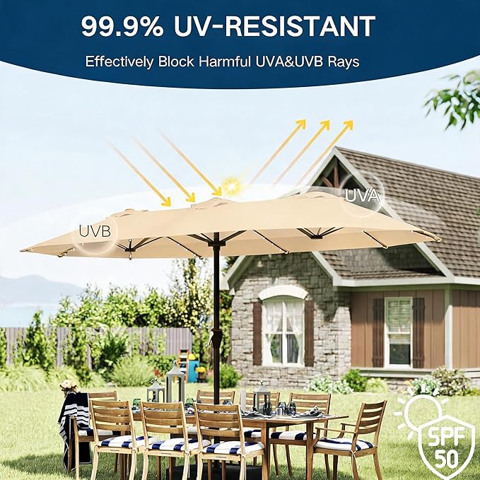 15ft Large Patio Umbrella with Solar Lights and Base, Double-Sided Outdoor Rectangle Umbrella with 48 LED Lights, Market Table Umbrellas with UV Resistant Canopy