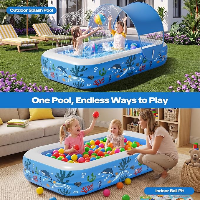 Verdenu Kiddie Pool with Sprinkler, Inflatable Baby Pool with Canopy and Soft Cushioned Floor, Toddler Pool Ball Pit for Backyard, Outdoor/Indoor Play
